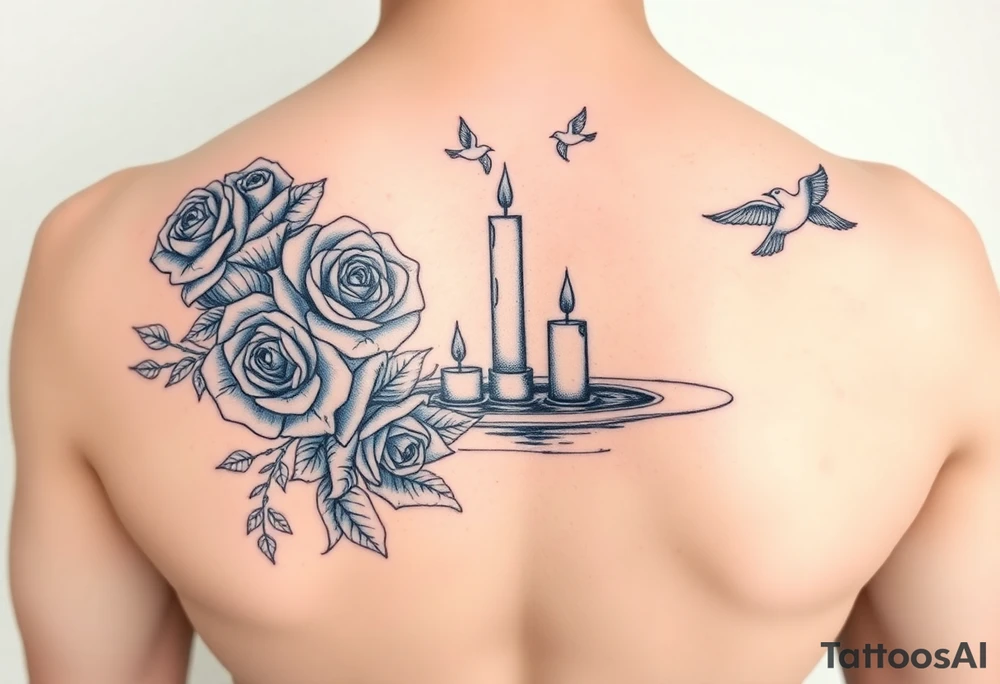Blue roses and candles, water, birds tattoo idea