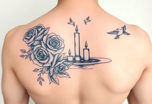 Blue roses and candles, water, birds tattoo idea