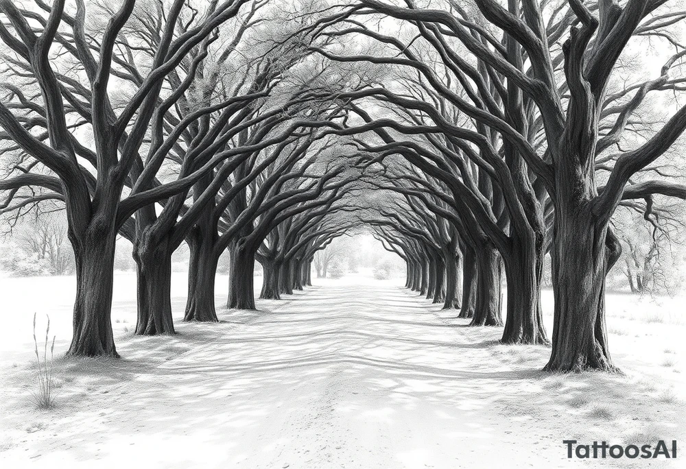 Tree lined dirt road. Road is rough, not smooth. Trees are oak, lining the road unevenly, tight so little light gets through. Branches arch across the road, some meeting in the middle. Dappled sunlight where it hits. Road gets smaller in the distance. tattoo idea