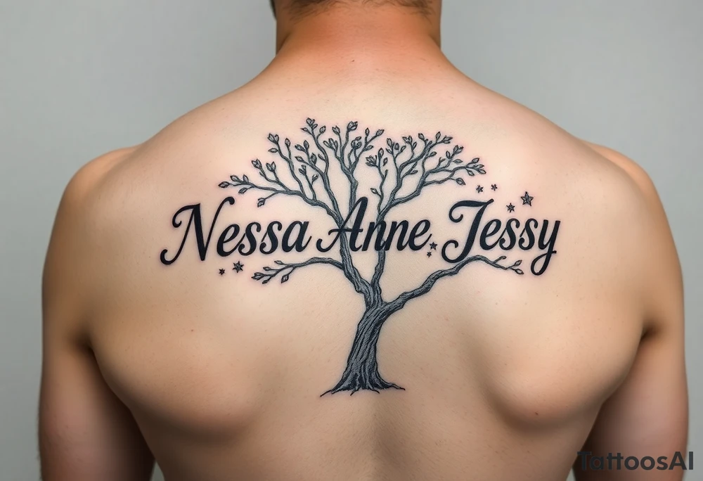 the name Nessa, Anne, Jessy in a live tree tattoo idea