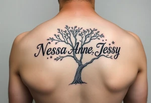 the name Nessa, Anne, Jessy in a live tree tattoo idea