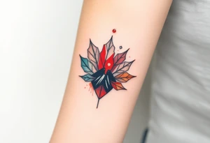 Female Geometric Volcano tattoo erupting in a heart. Maple leaf incorporated tattoo idea