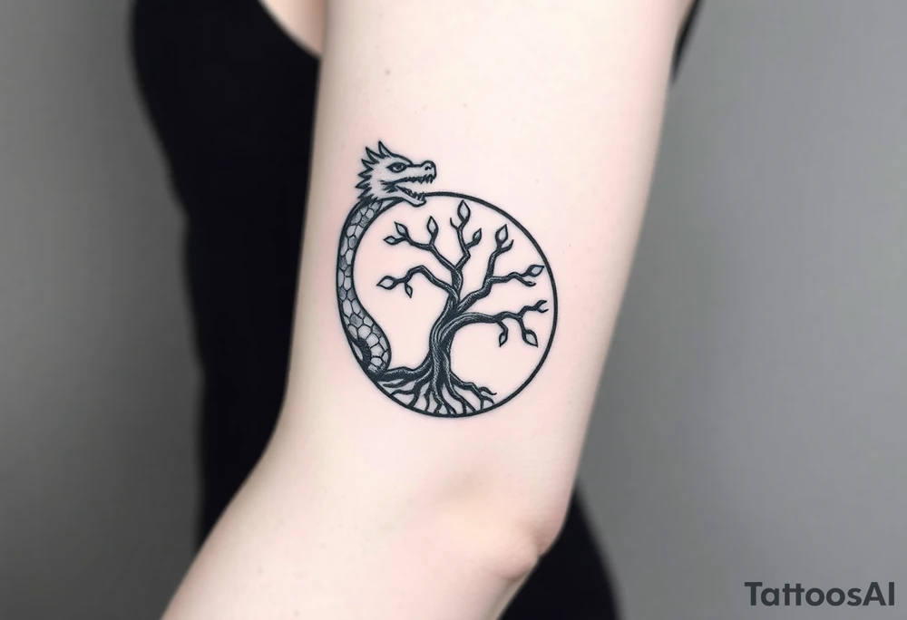 a dragon forming a circle with its body.  the dragon encircles the tree of life.  the dragon is eating the tree. the roots of the tree are strangling the dragon tattoo idea