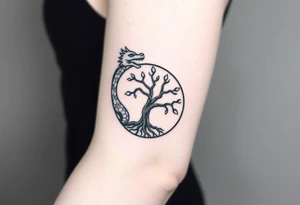 a dragon forming a circle with its body.  the dragon encircles the tree of life.  the dragon is eating the tree. the roots of the tree are strangling the dragon tattoo idea