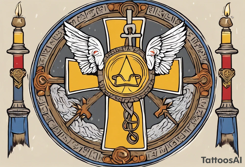 A medieval cross with an assyrian flag in the middle. A crown om top of the cross. The assyrian king Sennacherib. A sun and a moon. A cloud with rain and thunder. charizard. an imperfect cirkle. a candle. a swan. lemons. the god asshur with wings. an ankh. angel wings with a halo. surrounded by olive branches and feathers. all black and white. no shadowing. tattoo idea