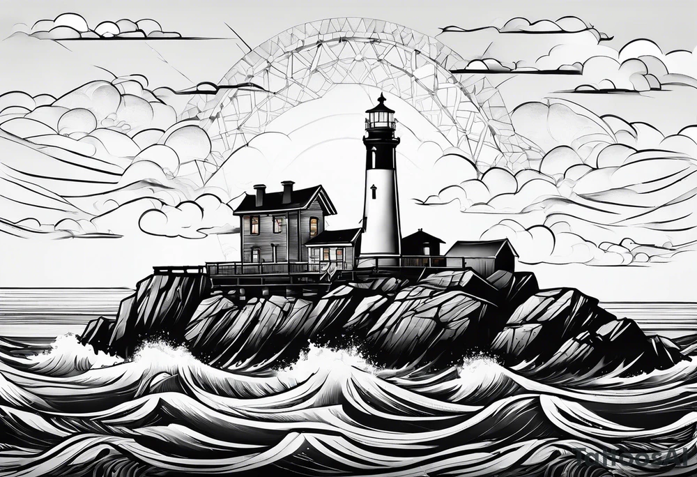maritime lighthouse partially hidden by its  large fixed sails. tattoo idea