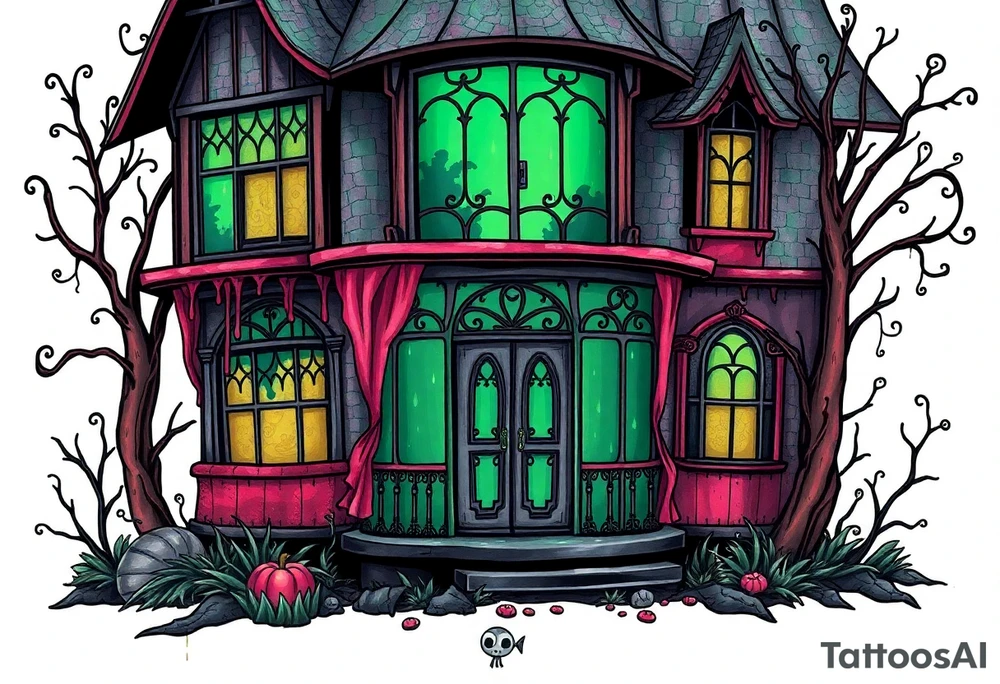 Tim Burton’s glass green house is abandoned and dripping with muted reds, dusty pinks, and eerie green glow. tattoo idea tattoo idea