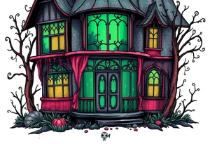 Tim Burton’s glass green house is abandoned and dripping with muted reds, dusty pinks, and eerie green glow. tattoo idea tattoo idea