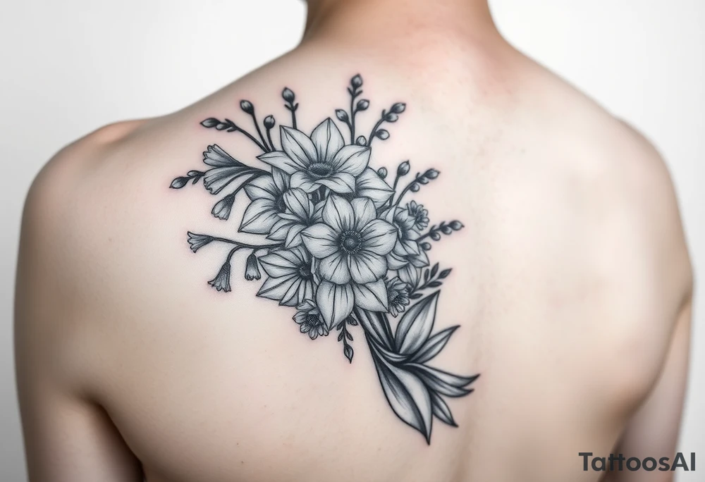 realistic bouquet of daffodils, daisies, lily of the valley on woman upper arm sleeve tattoo idea