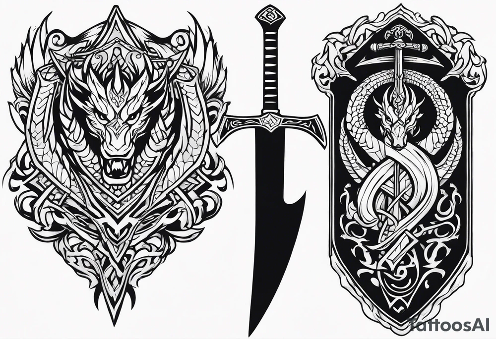 Valhalla prayer sword shield dragon axe tattoo idea