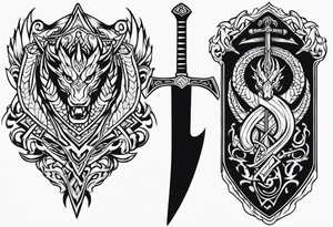 Valhalla prayer sword shield dragon axe tattoo idea