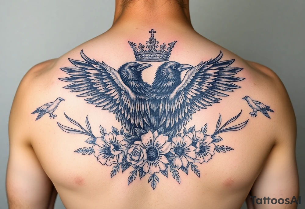 Chest tattoo,powerful majestic ravens with a crown, surrounded by floral ornaments and birds tattoo idea