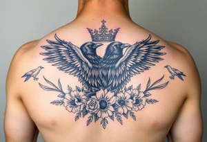 Chest tattoo,powerful majestic ravens with a crown, surrounded by floral ornaments and birds tattoo idea