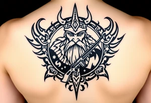 A Viking in the battlefield surrounded by Viking symbols and patterns. Hidden in the patterns is an Australian army rifle and slouch hat. tattoo idea