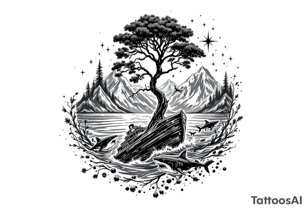 tattoo that has an acacia tree with forest mountains, ocean with a ship wreck with sharks and the bright northern star tattoo idea