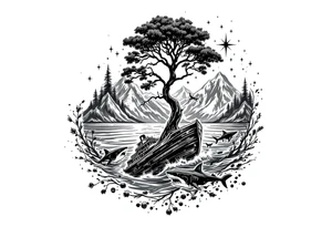 tattoo that has an acacia tree with forest mountains, ocean with a ship wreck with sharks and the bright northern star tattoo idea