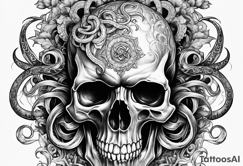 Realistic skull with tentacles tattoo idea