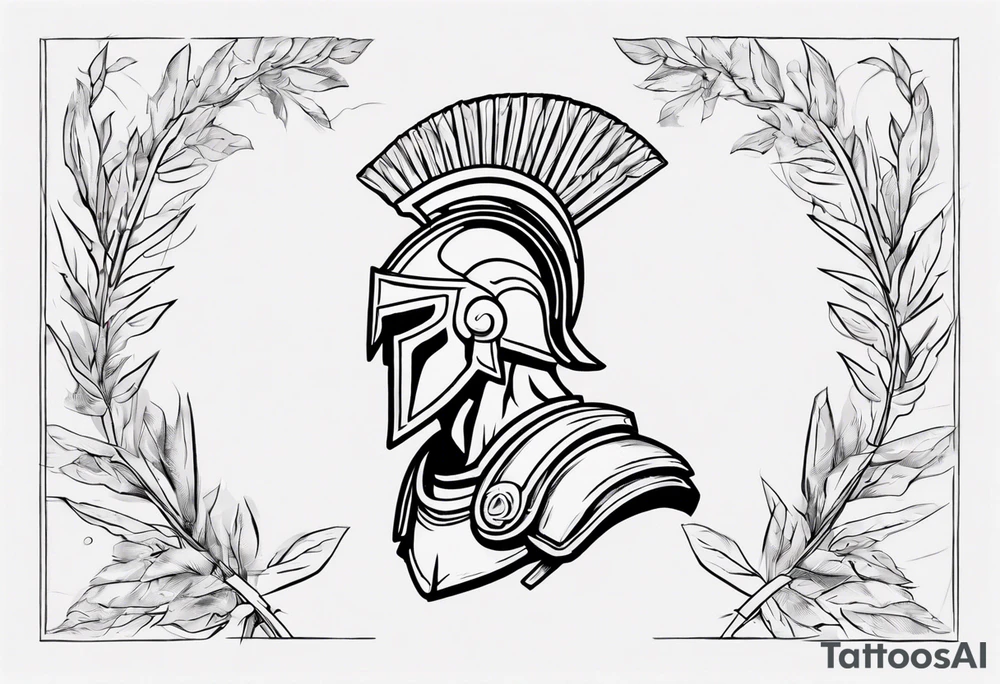 rectangular landscape format ultra-fine line linework vector of a spartan from the side, spartan spear, spartan shield, laurel wreath tattoo idea
