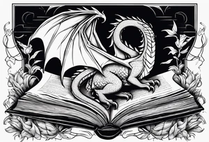 An open book with a dragon curled up and resting underneath it. It will have symbols from different well known Young Adult books coming out of it. tattoo idea