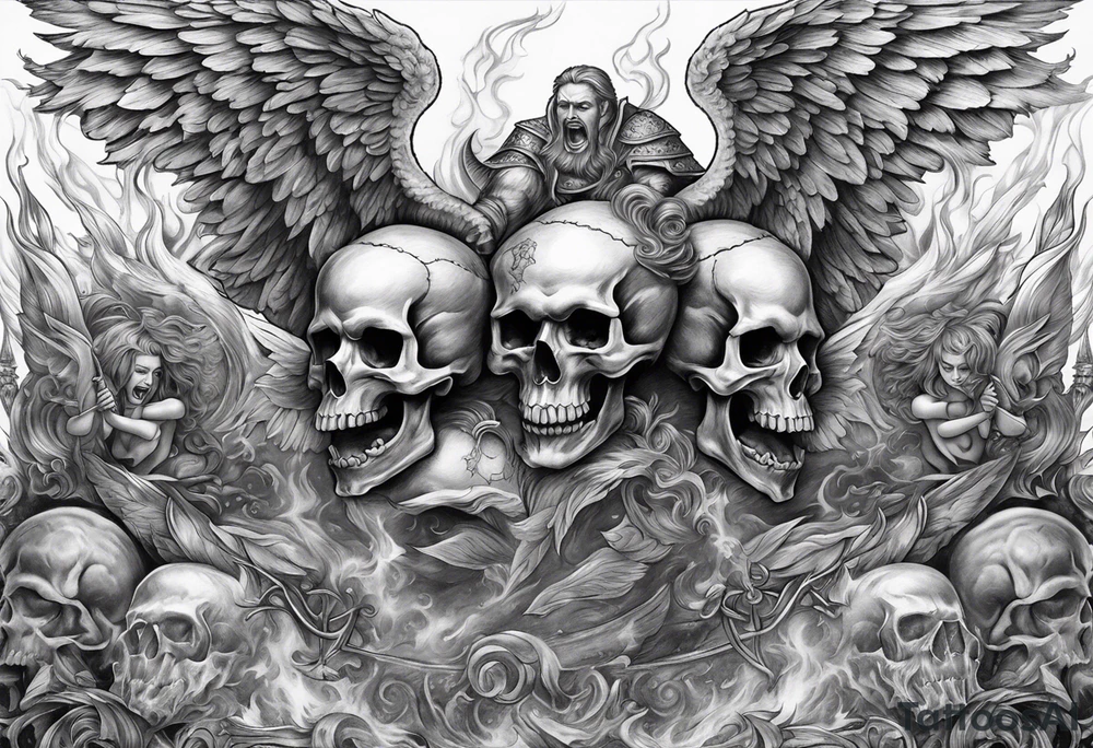 Angels fighting demons over fire with skulls in the background tattoo idea