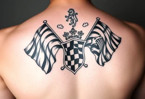 Racing flags, with a chessboard, smoke & a lion family crest tattoo idea