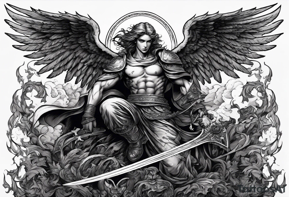 Angel with long sword on a pile of dead demons in etchwork style tattoo idea