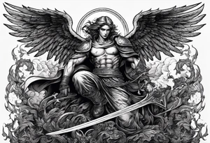 Angel with long sword on a pile of dead demons in etchwork style tattoo idea