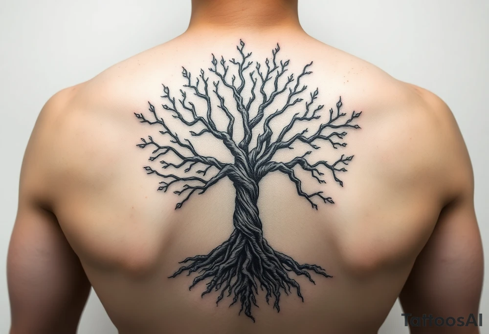 mystical tree of life with cosmic roots and celestial branches tattoo idea