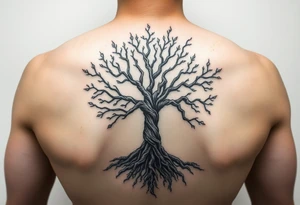 mystical tree of life with cosmic roots and celestial branches tattoo idea