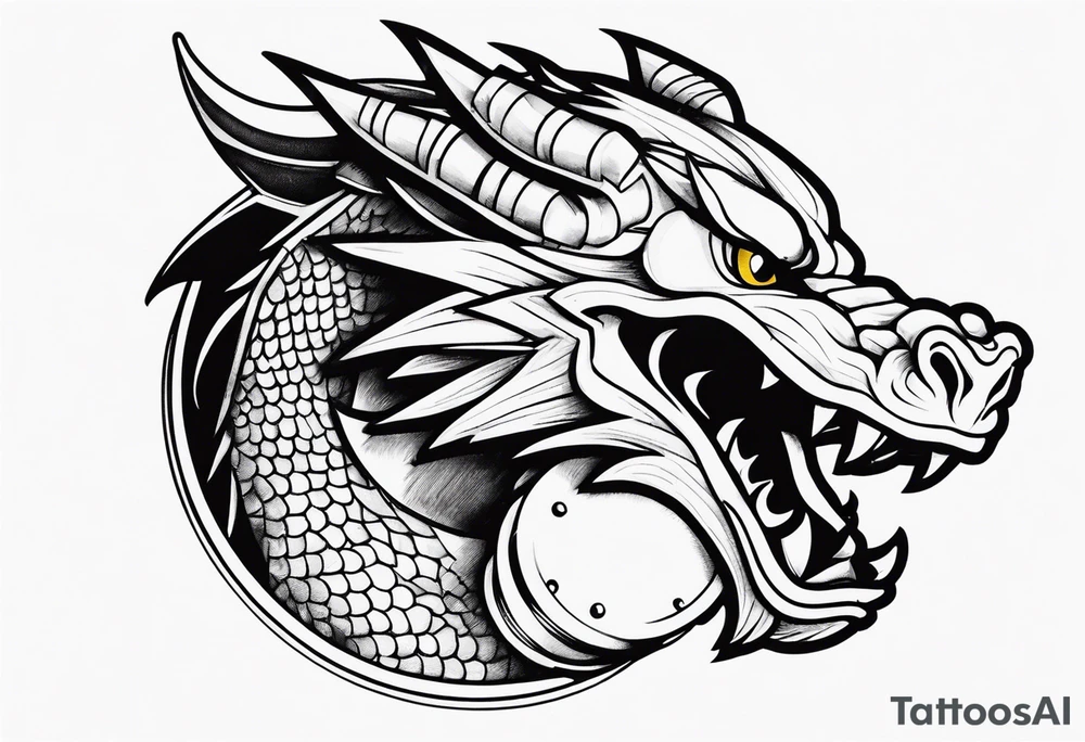 Dragon biting a dumbbell tattoo idea