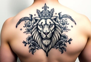 powerful majestic lion with a crown, surrounded by floral ornaments and birds tattoo idea