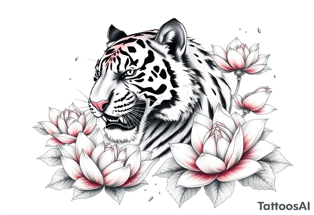 fierce tiger emerging through blooming lotus flowers in mist tattoo idea