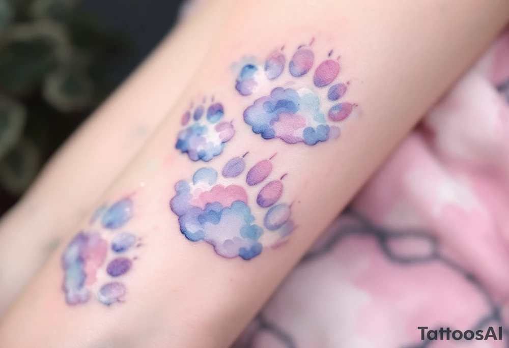Pastel Cloud Paw Prints – Dreamy cloud-like prints in baby blue, lavender, and soft pink with blurred edges, giving a soft and whimsical look. tattoo idea