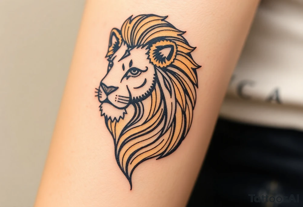 A highly detailed line-art Czech lion, with intricate patterns in its mane and subtle golden shading for a regal look. tattoo idea