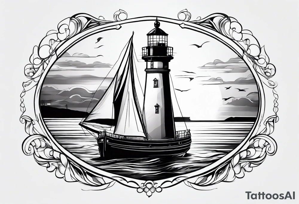maritime lighthouse partially hidden by its large fixed sail. calm sea reflection. tattoo idea