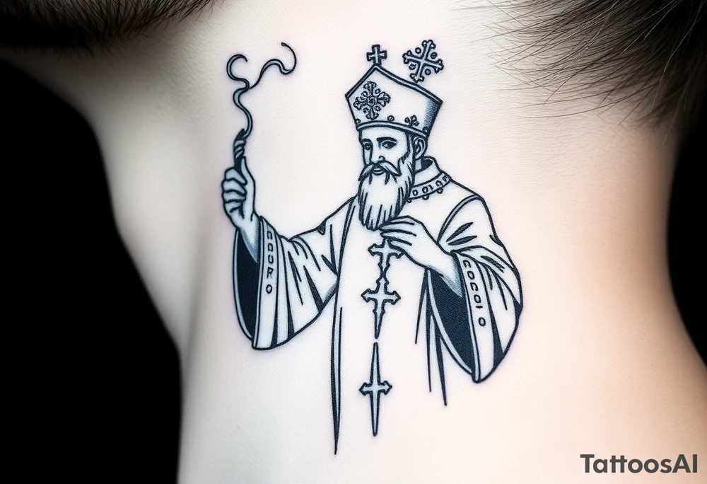 Russian Orthodox Priest in fully detailed vestment swinging a censer with smoke curling upward tattoo idea