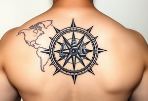 antique compass rose overlaid on weathered world map with sailing ships tattoo idea