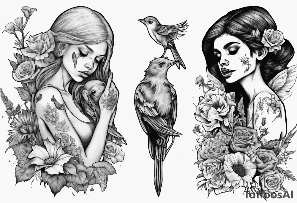 Elf carrying her dead bird in a flower medow tattoo idea