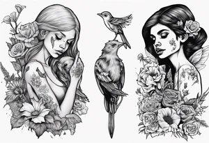 Elf carrying her dead bird in a flower medow tattoo idea