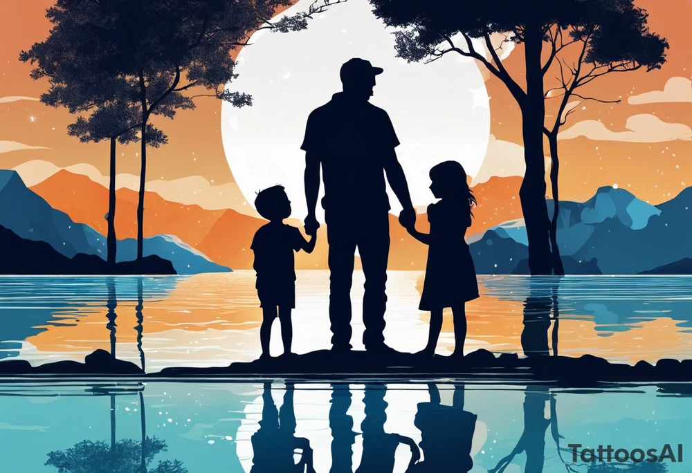 Silhouette of father standing in between daughter and younger son in front of water with reflection and waterfall with that water only being blue tattoo idea