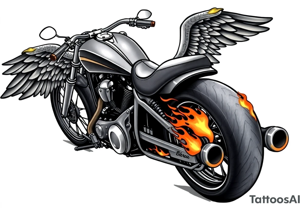 Low rider grey motorcycle, big muffler pipes with flames, angel wings, driving away, no person tattoo idea