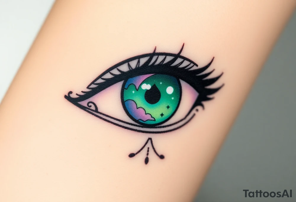 Large outline of an eye shaped like an almond with eye colored greenish blue with long pretty black eyelashes + spade symbol as the eyeball+ a crescent moon stars and clouds inside of the eyeball only + using vivid colors like blue green purple light blue light green light purple tattoo idea