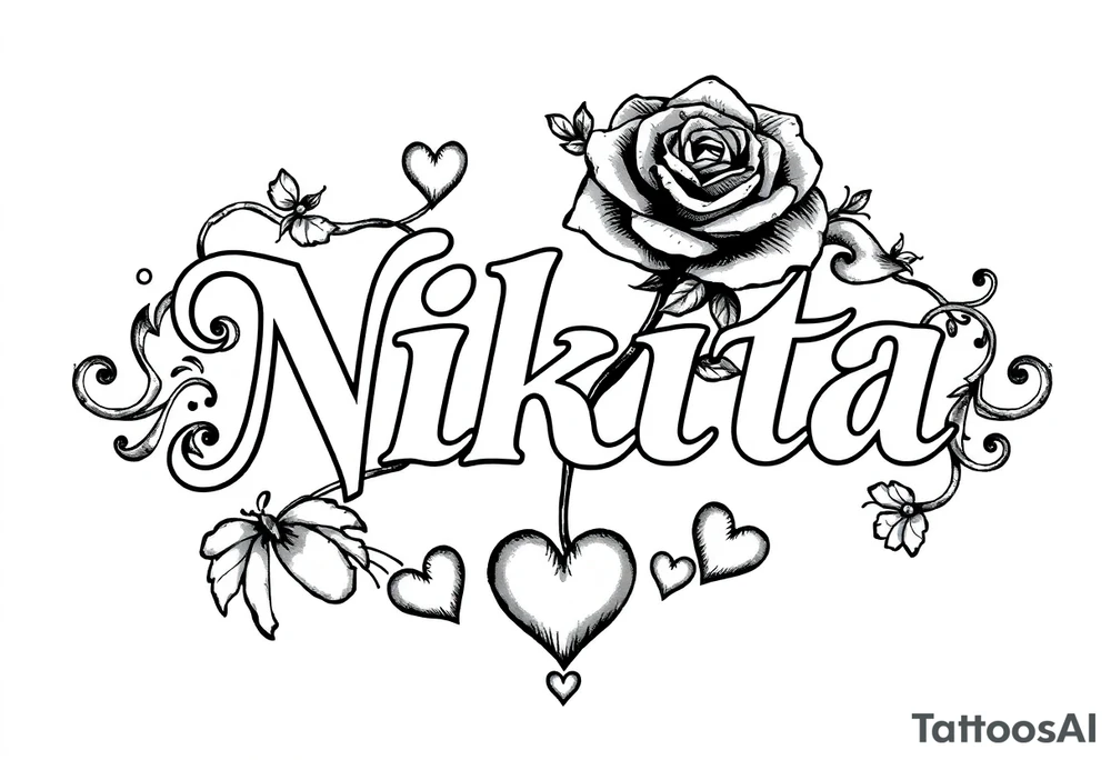 the name NIKITA WITH A ROSE AND SOME HEARTS tattoo idea