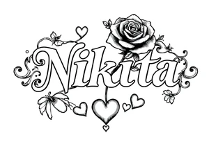 the name NIKITA WITH A ROSE AND SOME HEARTS tattoo idea