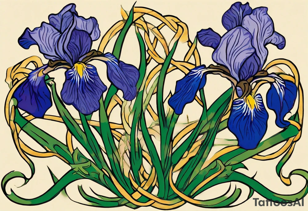 Create a condensed, thick, colorful Vincent van Gogh's Irises tattoo, with vines in Celtic knots gracefully holding mountains. The intended placement is on the upper chest. The overall design should be small in size while maintaining a delicate and artistic aesthetic. Pay attention to the graceful flow of the vines and the placement of the irises to achieve a refined and elegant look. tattoo idea
