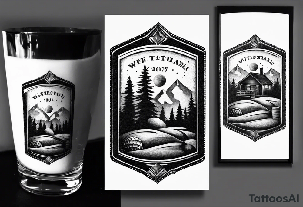 cross with whiskey glass, golf club, camp fire and cabin in the quandrants tattoo idea