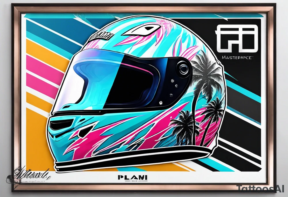Formula 1 helment with the Miami name a palm tree and light blue black and pink colors tattoo idea
