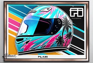 Formula 1 helment with the Miami name a palm tree and light blue black and pink colors tattoo idea