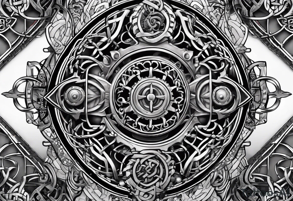 Traditional Celtic styled knot work combined with steampunk biomechanical sleeve design tattoo idea