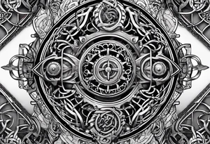 Traditional Celtic styled knot work combined with steampunk biomechanical sleeve design tattoo idea
